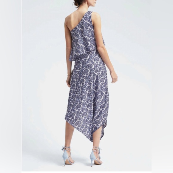 NWT BANANA REPUBLIC One Shoulder Paisley Print Blue + White Dress Sz 14 $158 - Picture 2 of 3